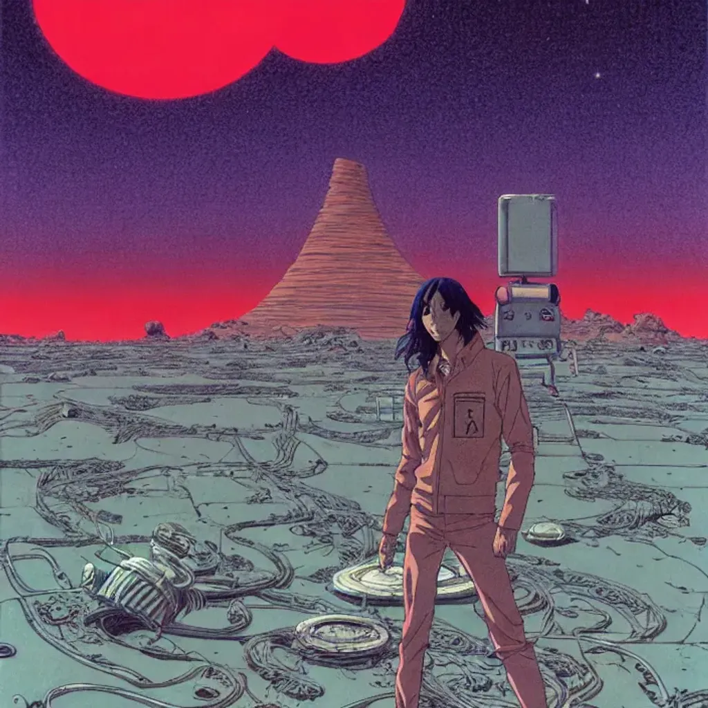 Prompt: Man with long dark hair with hands in pockets standing in alien dessert next to destroyed robot, by Makoto Kobayashi, by Moebius, by Jean Giraud, manga, anime style, 80's, Intricate, Hand drawn, concept art, grainy color, dim lighting, Anime Key Visual, beautiful composition