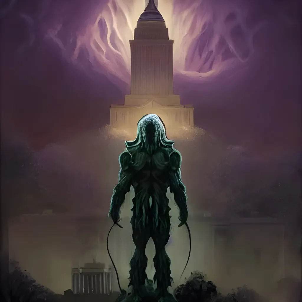 Prompt: joe biden as an evil giant cthulu god behind small white house foreground washington dc,  tentacles, fantasy, lovecraftian, mist, bioluminescence, hyper-realistic,  dark art, fear,art by Frank Frazetta, highly detailed, high definition, 8 k, trending on artstation w 1 0 8 0 h 1 9 2 0