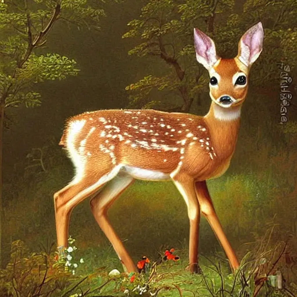 Prompt: digital art painting, painting by George Stubbs of a baby deer in a pine forest in the springtime, wild flowers, baby deer