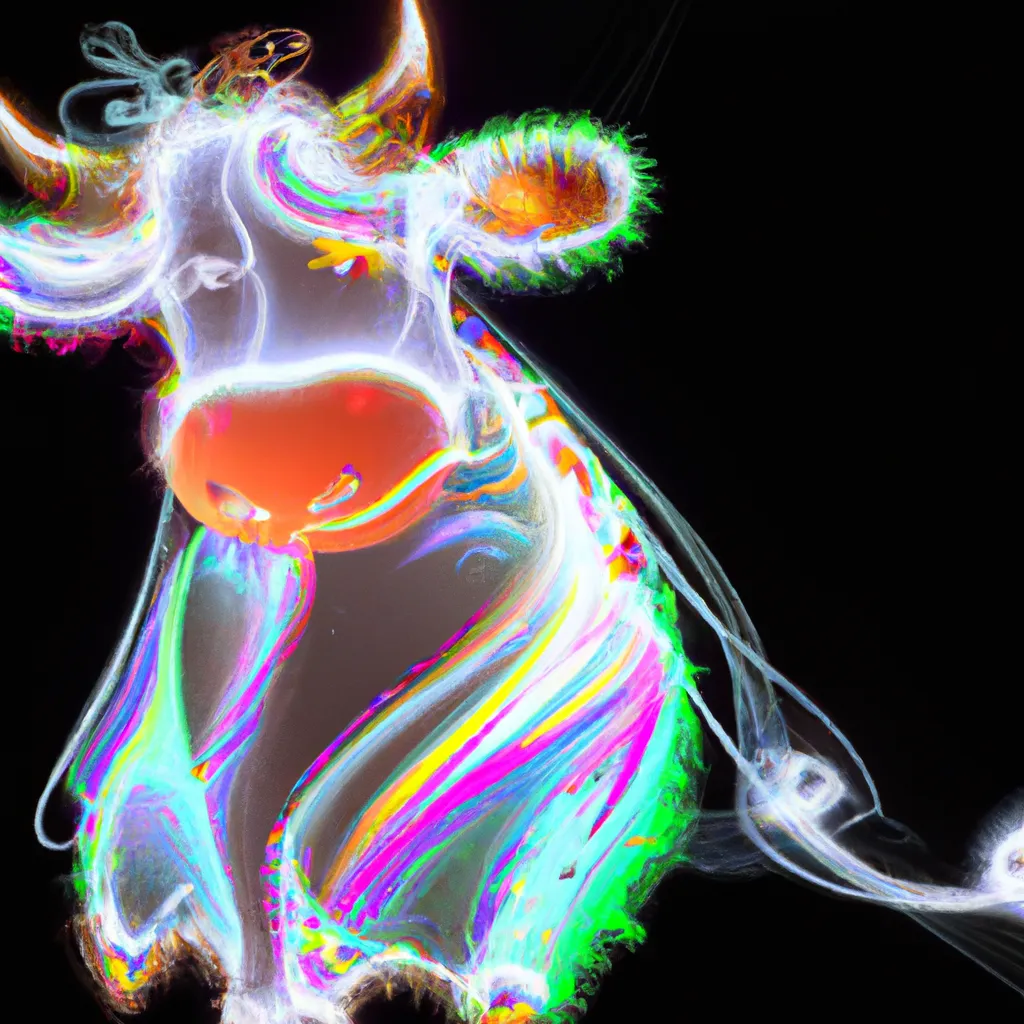 Prompt: Curvaceous Light beings | a cute furry cow as light bending cute angel covered in halogenic streaks of light in the style of Hieronymous Bosch, Bruce Pennington, Dali, Munch, Escher, Klarwein, Yamamoto, Hattori, Leyendecker, Mullins, Magritte, Giger| bioluminescent opalescent iridescent mermaid  | dark background | ultra sharp focus | 3d octane render artstation trending 8k unreal engine | Avatar movie| Disney Pixar Dreamworks 