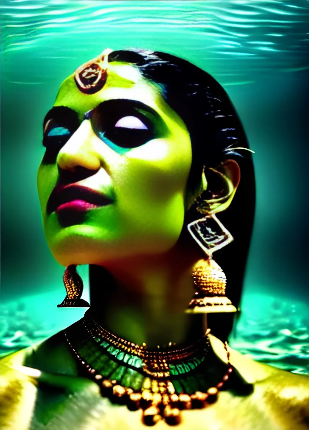 Prompt: hyperrealistic cinematic half underwater scene with fish and algae, very expressive! translucent elegant southindian goddess getting out of water, gold jewerly, highly detailed face, digital art masterpiece, aykut aydogdu zener, dramatic volumetric light, long shot, low angle uhd 8 k, sharp focus