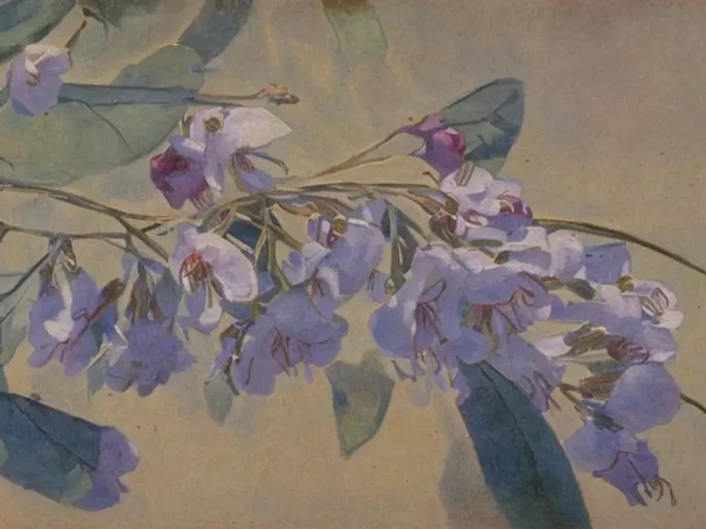 Prompt: An oil painting of eucalyptus blossoms. By [Henry Turner|Ethel Carrick fox]