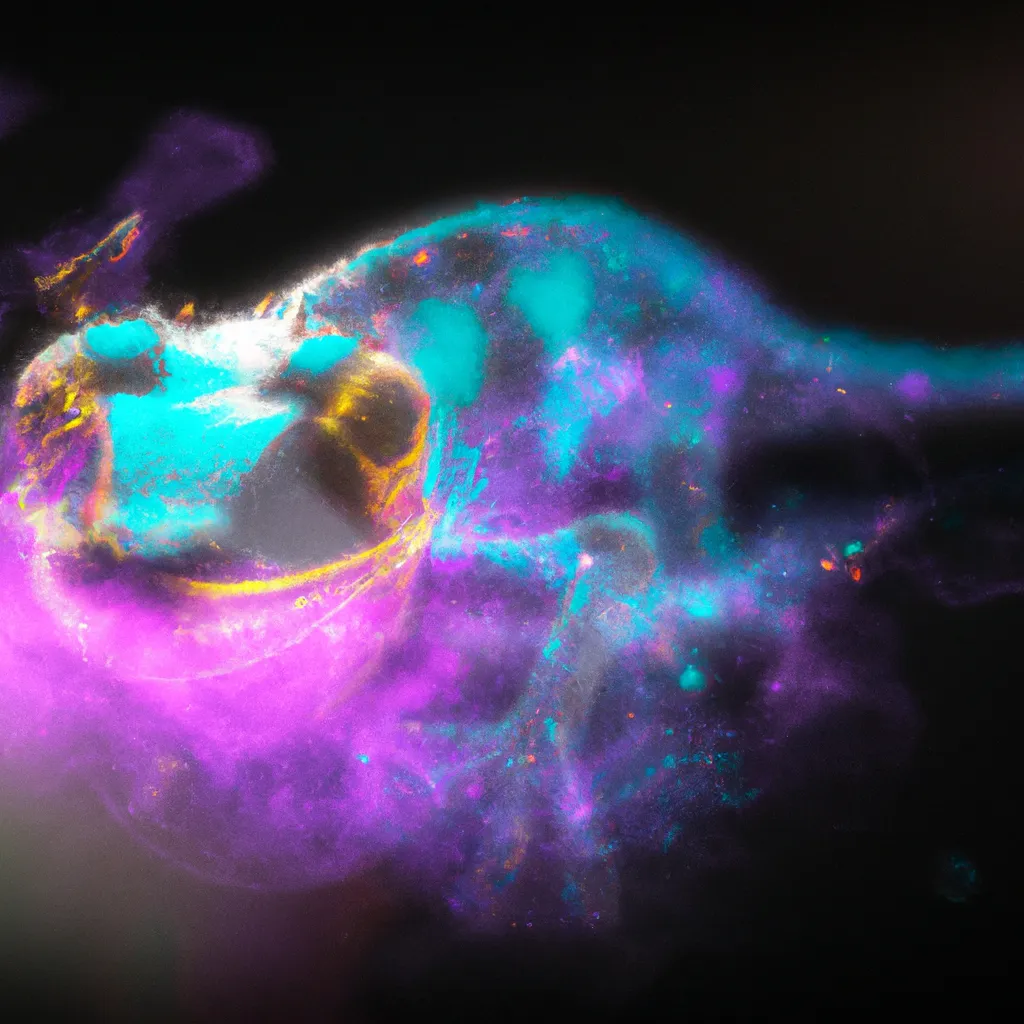 Prompt: a colorful lizard with glowing eyes on a dark background, behance, holography, render in pixar, violet spike smoke, “ painting, photorealistic artstyle, colorful fish, fluorescent spots, style of alexander trufanov, anamorphic flares, blurry and dreamy illustration, environmental artwork, lumiol