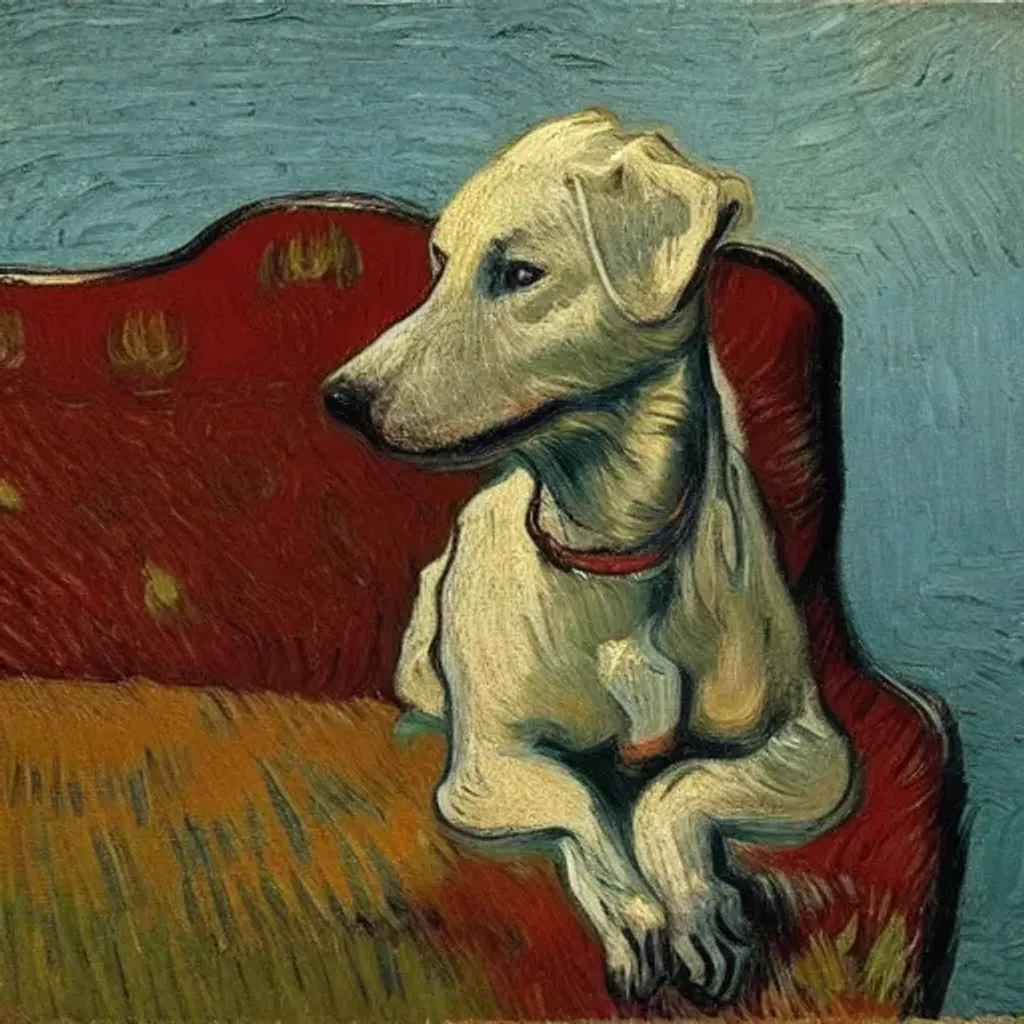 Prompt: White dog sitting on a couch, painting, style of Vincent van Gogh