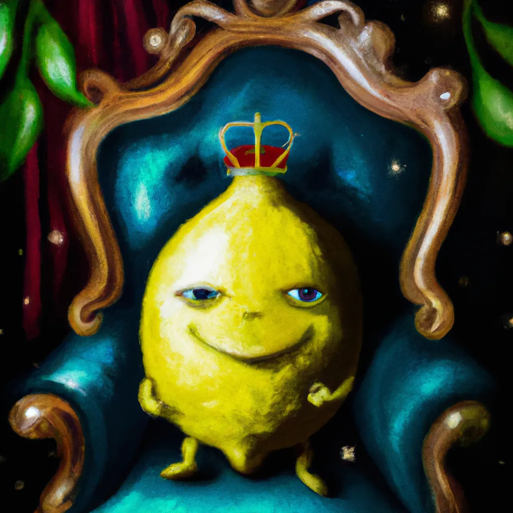 Prompt: a portrait of a regal lemon wearing a crown and sitting on a beautiful throne, digital art style