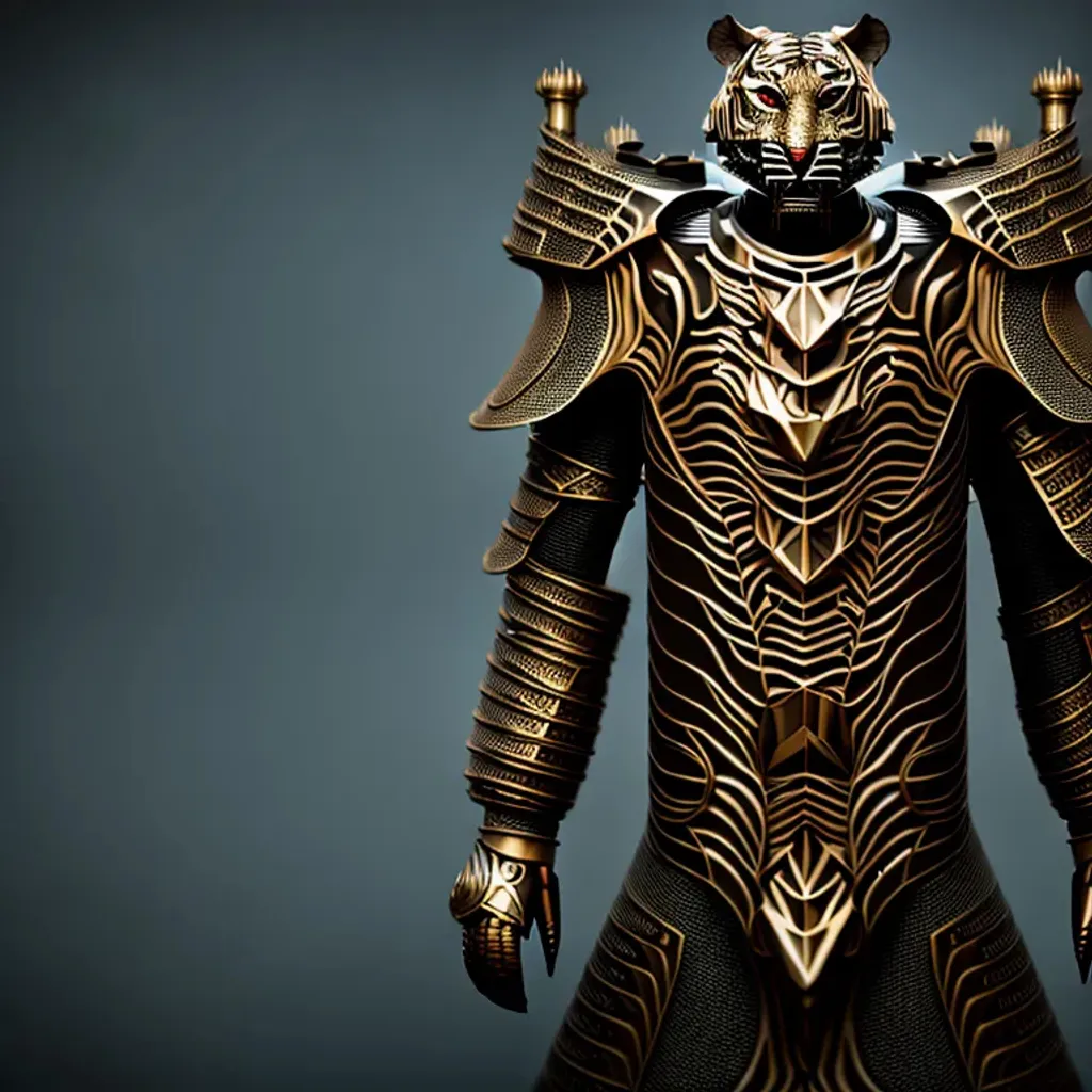 Prompt: Anthropomorphic majestic tiger king, portrait, (((symmetrical))), finely detailed house stark armor, cinematic lighting, intricate filigree metal design, 4k, 8k, unreal engine, octane render, carbon, cyborg