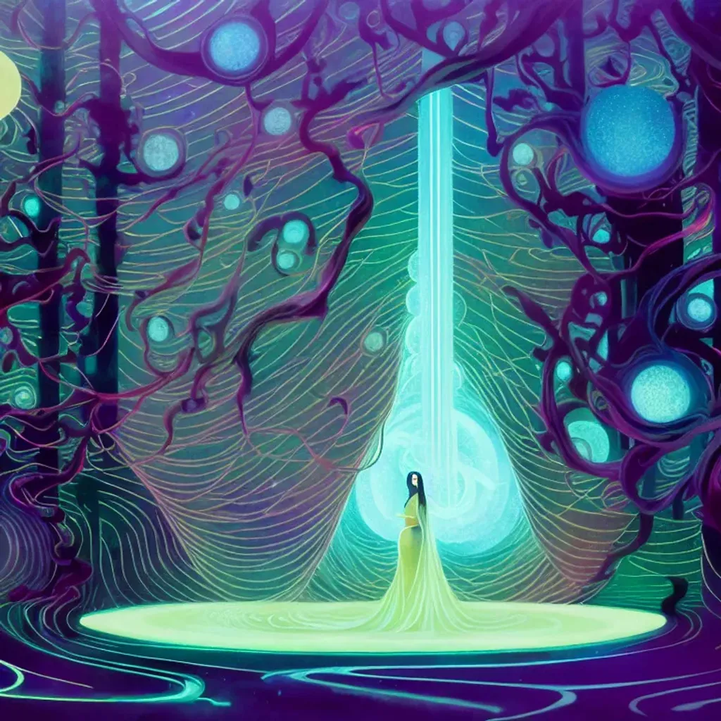 Prompt: From The beginning Wayward place, travel south with an Orb-star shapeshifter, female-influence, slow motion time flowing, night-sky indigo sulphur cream berry gold green scenery changing, biomorphic iridescent veils (perfect mirror, high reflection, high refraction) by  Noah Bradley, victo ngai, (background theme) fantasy forest, glowing swirls, tendrils wavelets streamers, phosphorescent swirls, a murmuration of translucent bubbles, by  Ernst Haeckel,  (Cynthia Turner, EDMOND ALEXANDER), metamorphosis, concept art, acrylic on paper (High resolution rendition), intricate details, global illumination, volumetric fog,  volumetric lighting, occlusion, unreal engine 5 128K UHD fractal, pi, fBm