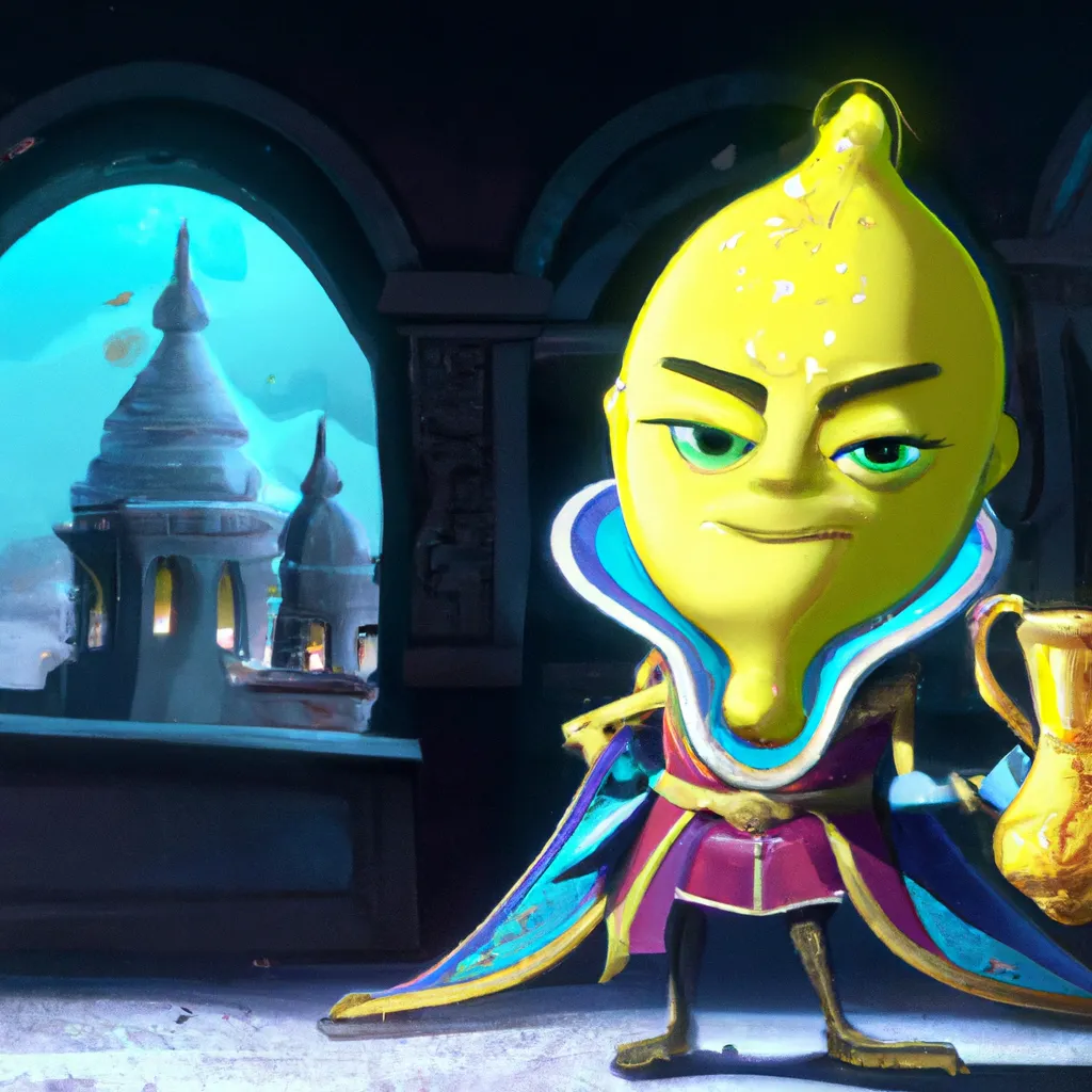 Prompt: A handsome anthropomorphic lemon character with gold hair and a beautiful crown holding a jug of lemonade in a medieval castle, In the movie Aladdin, 4K HD