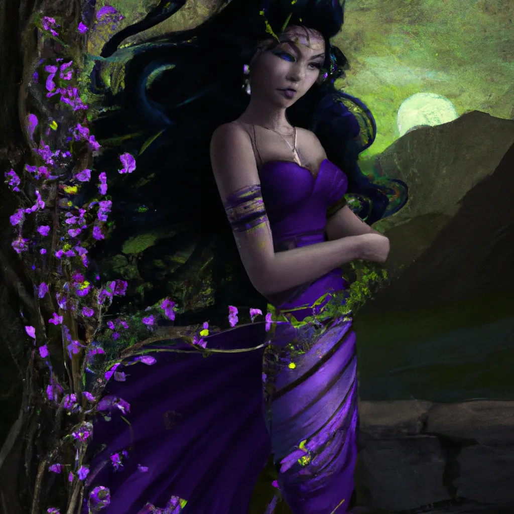 Prompt: digital image of a beautiful fairy wearing purple flowing gown, full figured Rubenesque, perfect complexion, gorgeous face,
curly black hair, award-winning,  Cinematic fantasy atmosphere, detailed, defined, high quality image, weeping willow, full moon, cgi, artgerm, Alphonse Mucha