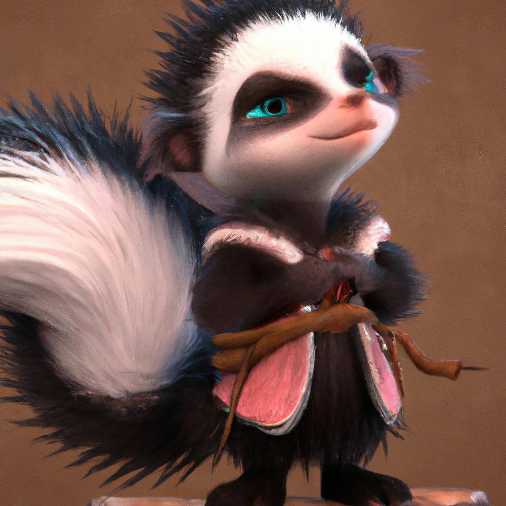 Prompt: High quality, Pixar style, tiny cute and adorable fluffy skunk  dressed in fantasy clothes, fantasy outfit, fantasy dress, small, adorable!, skunk, anthropomorphic ,dnd, adventurer, dramatic lighting, 8k, portrait, cartoon, fine details, 3d render, cinematic ,intricate details, cinematic lighting, character design, character concept, cute, mascot,  adventure, dungeons and dragons, 8k, fluffy!, tsaoshin, pixar movie key visual, fantasy, DnD, adorable!, big eyes, animated, disney, anime, animation