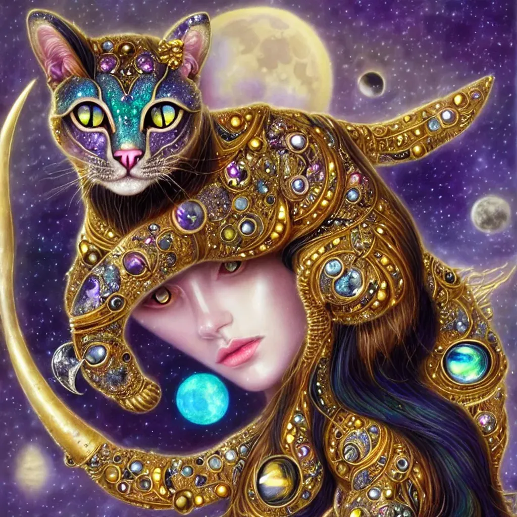 Prompt: Bejewelled aesthetic cat shapeshifter felinoid goddess, indigo cream mustard pine amber silver photorealistic eyes, iridescent jewellery, background, alien planet with a crystal moon in the style of Donato Giancola and Anna Liwanag, Trending on fursona, furaffinity, detailed, intricate, hypermaximilist elegant aesthetic, ornate, hyper realistic, cgsociety, trending on deviantart, unreal engine, ray tracing, detailed illustration, 128K UHD