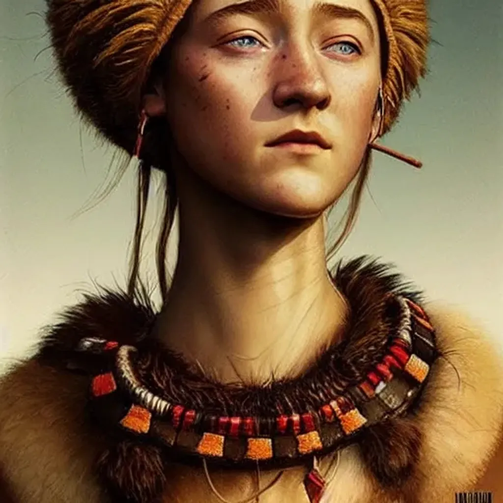 Prompt: beaultiful face a perfect mix between saoirse ronan and julia garner wearing traditional zulu armor in the style of greg rutkowski