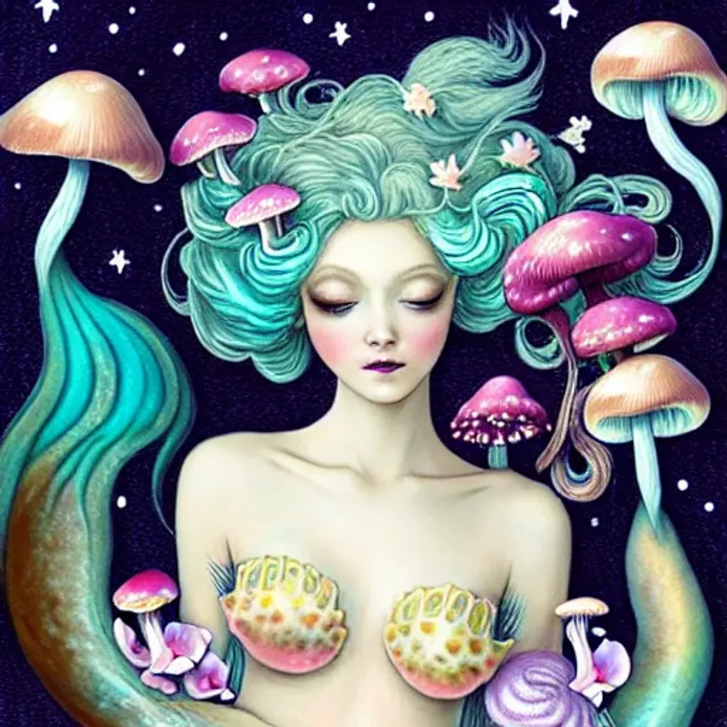 Prompt: Rococo Pastel mermaid, Beautiful mermaid with mushrooms and orchids coming out of her hair, mushrooms, stars, planets, hq, fungi, celestial, moon, galaxy, stars, victo ngai, Ryan Hewett 