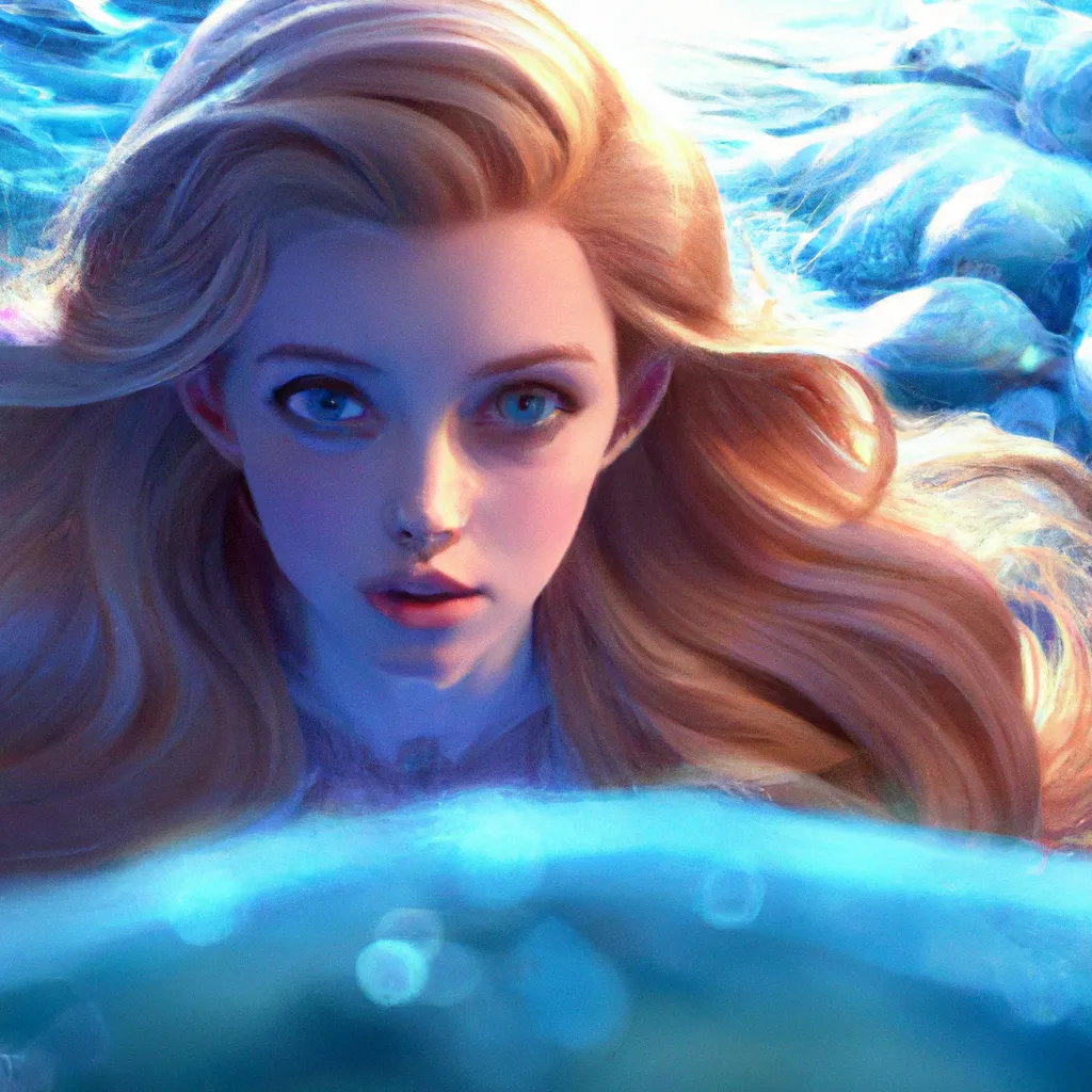 Prompt: Key Disney Visual Of icy blue water, with a cute and adorable anime mermaid with long golden hair swimming ,  jean - baptiste monge, dramatic lighting, 8k, portrait, realistic, fine details, photorealism, cinematic, intricate details, cinematic lighting, photo realistic 8k