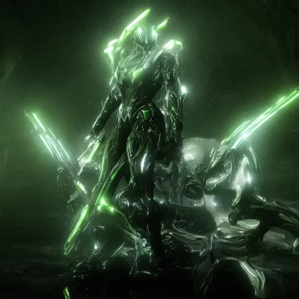 Prompt: a cool stunning warframe god, silver sharp streamlined armor, detailed head, sharp claws, glowing green LED eyes