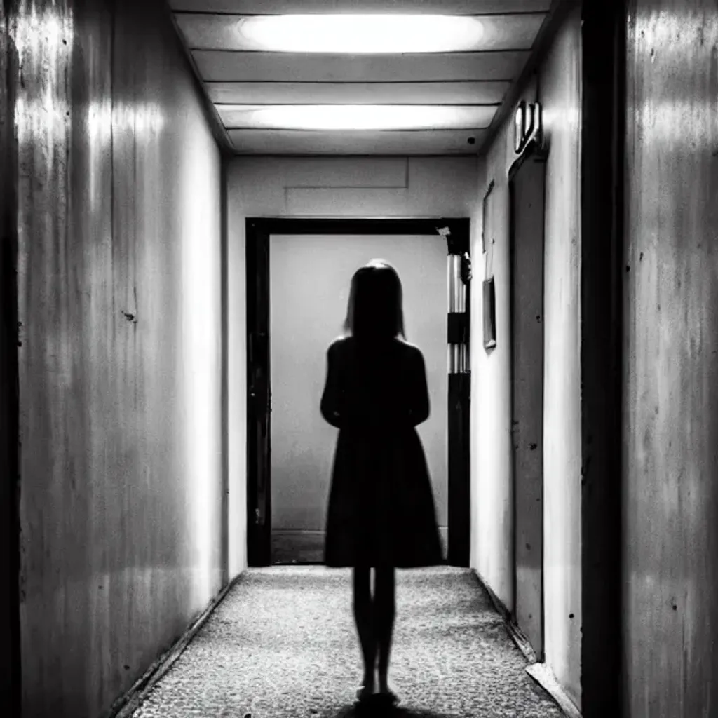 Prompt: In a dark corridor, a girl steps out into the corridor quietly, from another room