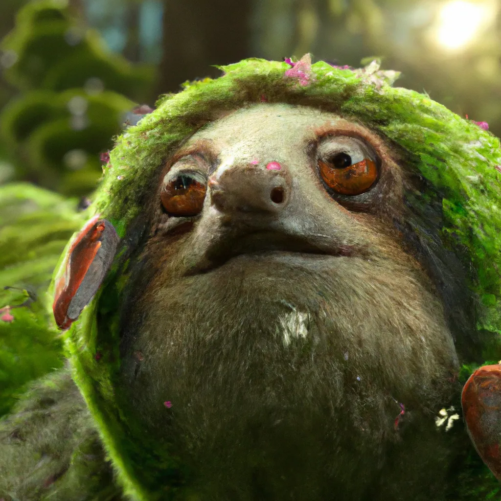 Portrait of a sloth coated in green moss with moths... | OpenArt