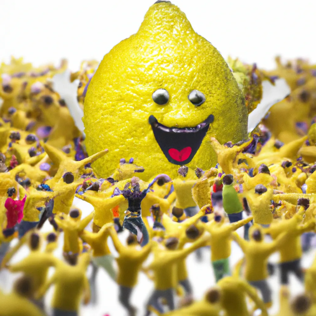 Prompt: 3-D, Photo-Realistic, Laughing Giant Lemon surround by huge crowd of, joyus, cheering, dancing, lemon admirers
