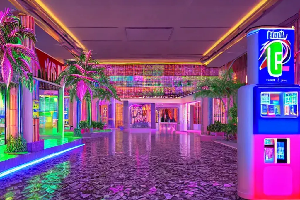 Prompt: multi story vaporwave aesthetic indoor liminal 90s mall with lazy river, columns, checkered floor tiles, palm trees, neon lights, Wide angle shot, 4k octane render, Fuji film, intricate detail, photoreal, cinematic, sublime atmosphere, at night time, colored lighting, pepsi vending machine