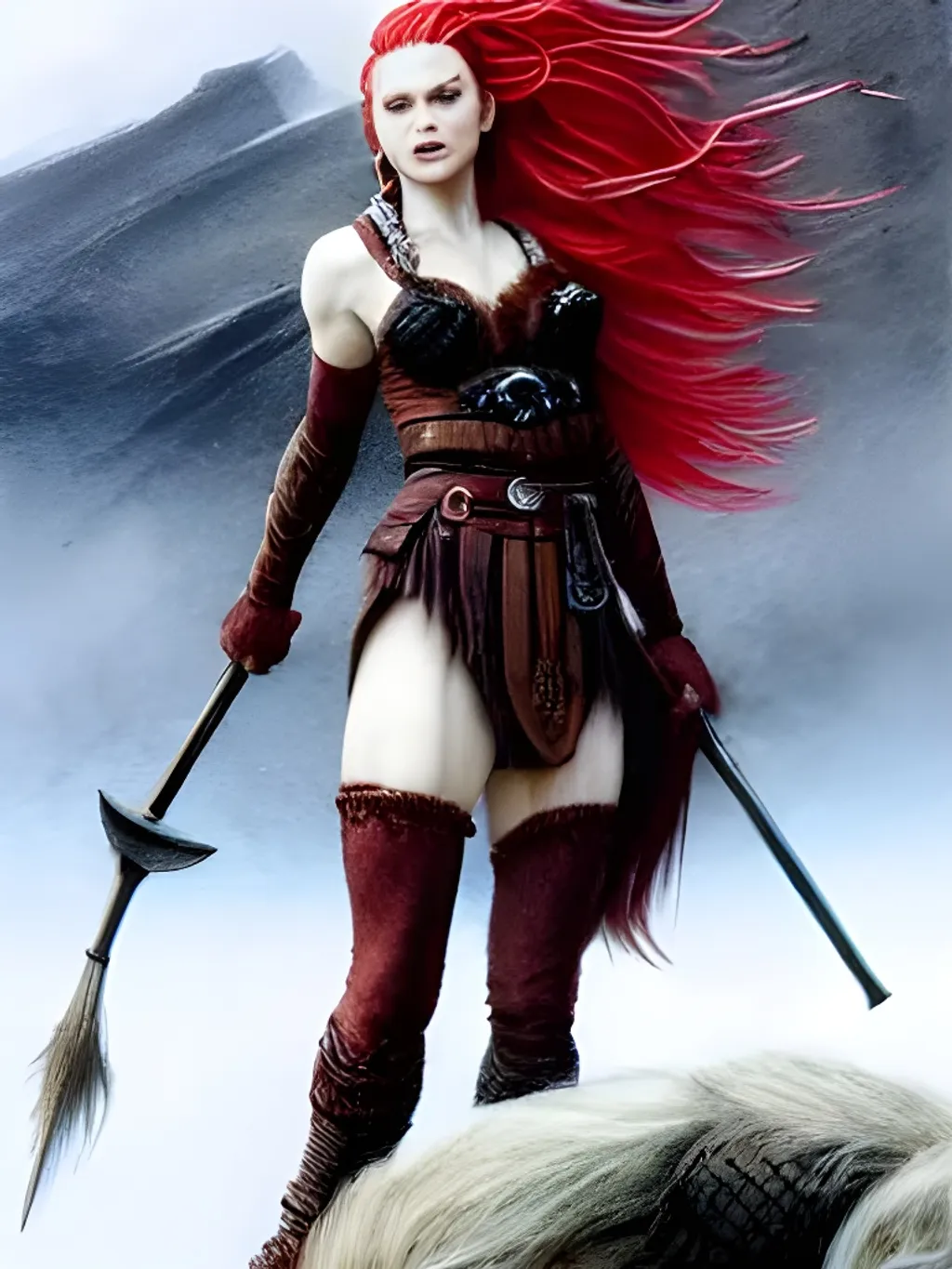 Prompt: scarlet Johannsen female Norse Viking with red hair in a full body action pose with perfect hands, aesthetic, epic, fantasy, hyper detailed, fierce, highly detailed, very detailed faces, volumetric lighting, trending on artstation, sharp focus, studio photo, intricate details, highly detailed, by greg rutkowski, boris vallejo, frank frazetta trending on artstation, 

