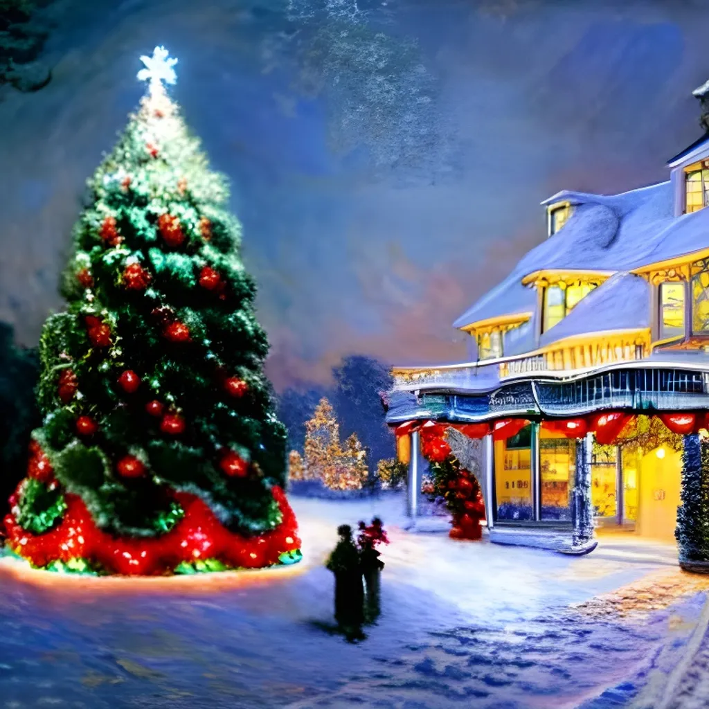A matte painting of a snow-filled Christmas scene of...