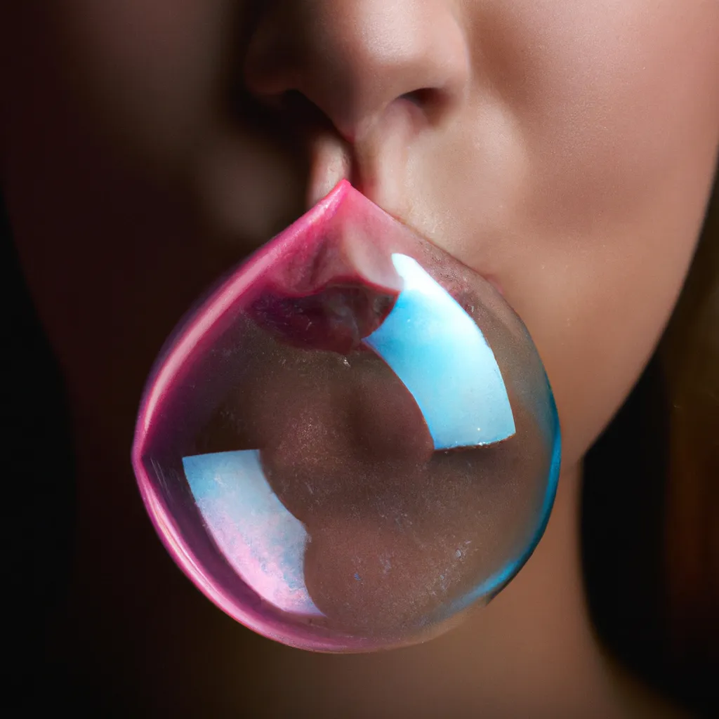 Prompt: Advertisement photoshoot. A beautiful girl is posing with a bubble gum. Girl popping the bubble gum. Photorealistic hyperrealistic close up high speed render. Beautiful smooth contrast, smooth curves, dark background, beautiful highly detailed droplets, reflections and refractions, dark studio backdrop, Beautiful studio lighting, Nikon Z7, ISO 400, Sigma 85mm f4.5 DG DN, aperture f/11, exposure 1/2000, studio lights, centered. 
