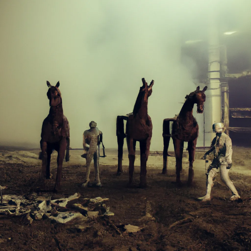 Prompt: a zombie android man and four  horses. apocalyptic decor ruins and dark smoke