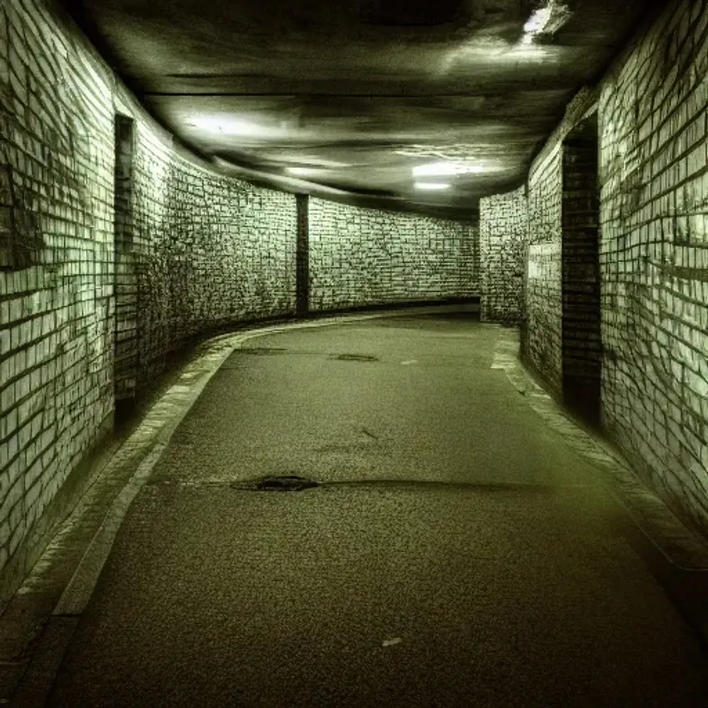 Prompt: sewage tunnel, green lighting, shadows haunting the soul. large path, eerie, paper towels.
