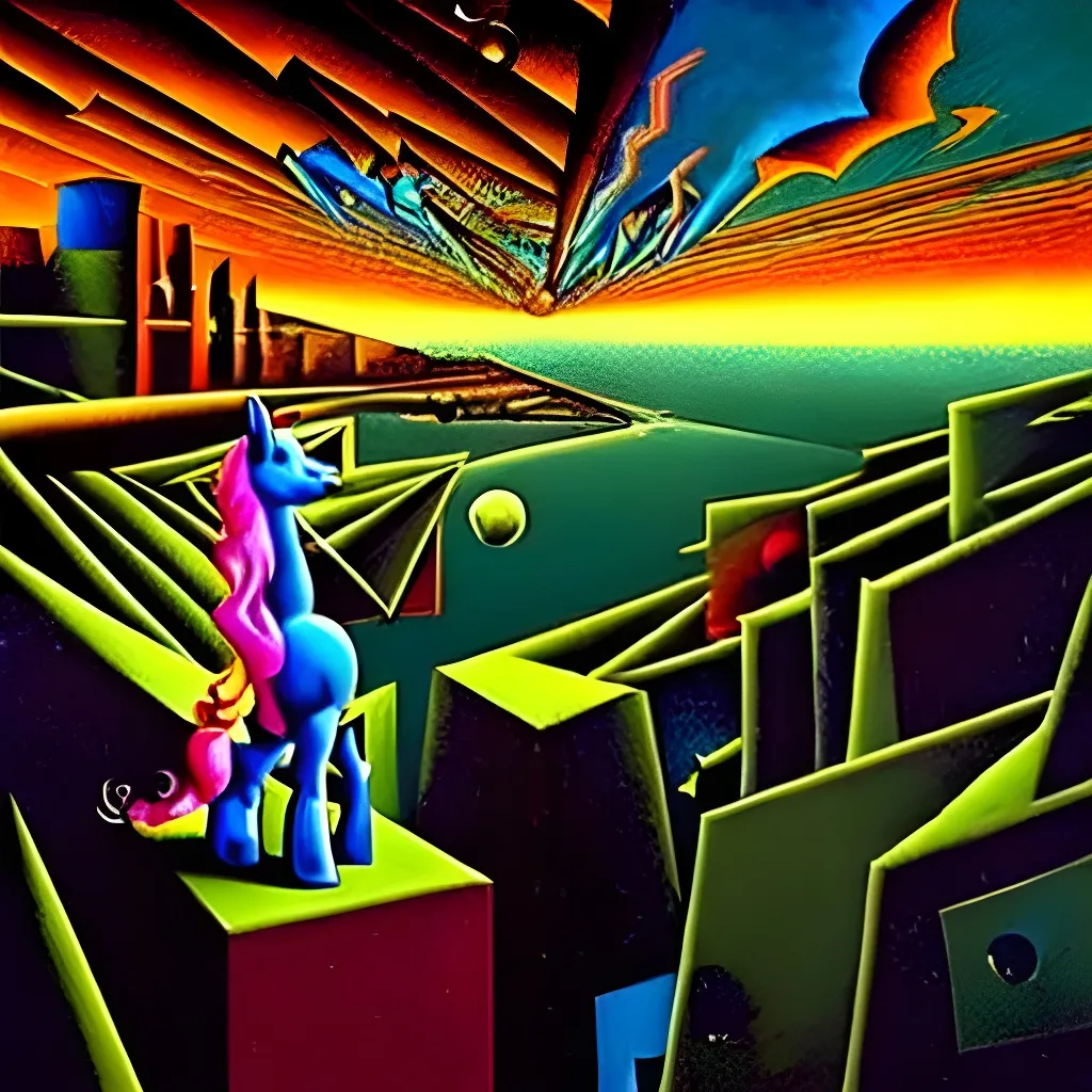 Prompt: My little pony!

Impressive cubism Oil painting matte painting in the style of Dave McKean, Juan Gris, zdzisław beksiński, Tim Burton, Greg Rutkowski, Sho Murase, Dan Mumford. 

Inspired by outer space. 

Futuristic, epic, legendary,  cosmic, glowing, neon, cyberpunk, glitter, flashing, storms, milkyway, supernova, astronaut, space, galaxy, interstellar, universe, space, alien,  UFO, black hole, planets, holographic, astral, cinematic stunning intricate, mathematical, detailed, dramatic, atmospheric maximalist.