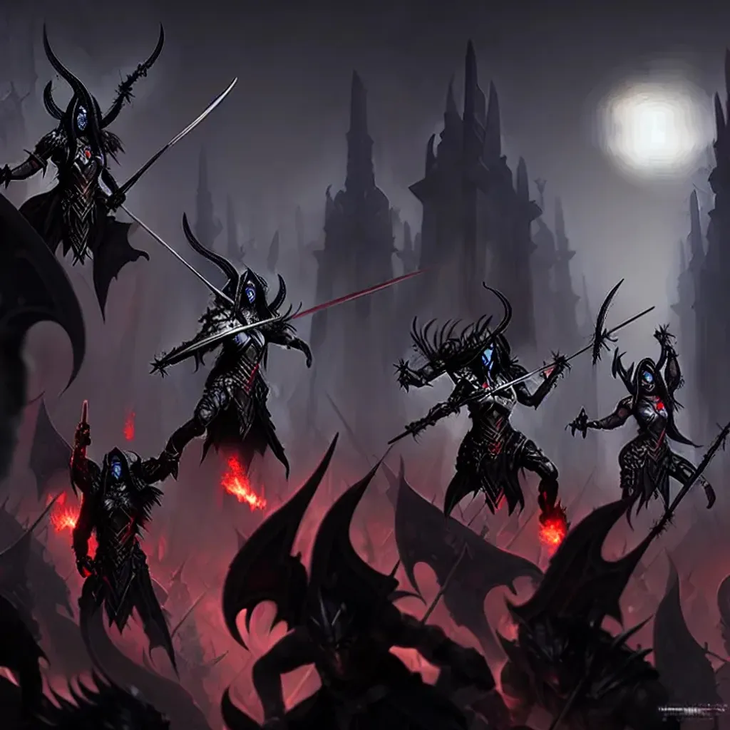 Prompt: Demonic armed and armored dark elves march to battle, hooks, barbs, banners behind, dark fantasy art by Mark Simonetti and Bayard Wu, digital art, 8K
