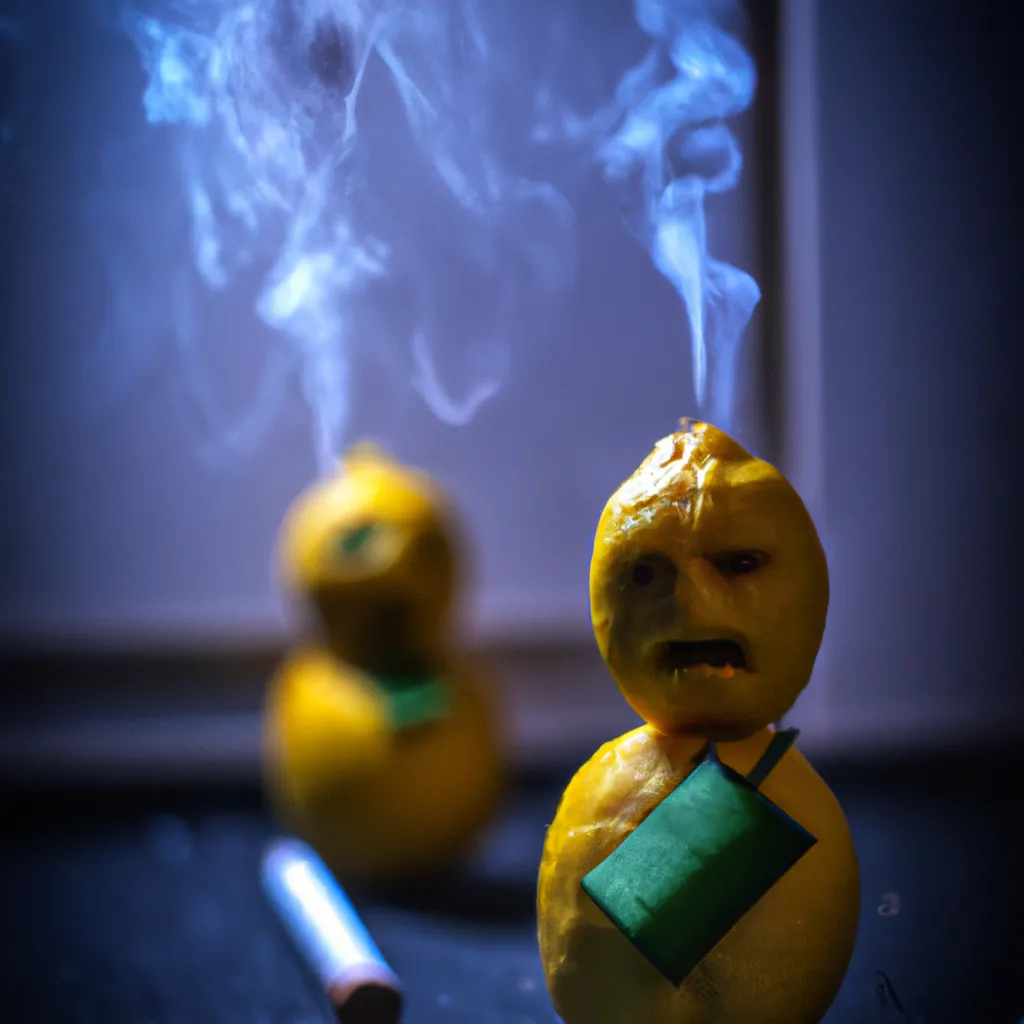 Prompt: A Photo of a Anthropomorphic Lemon standing in a alleyway with open jacket  dealing Lemons to another Anthropomorphic Lemon, photorealistic, dark, moody, Humanoid Lemon, smoking a sugar cigarette, arrested, Lemon Police
