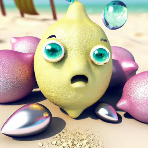 Prompt: lemon at the beach picking up seashells, happy, eyes, digital art, 3d, realistic