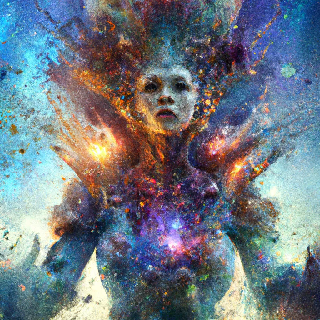 Prompt: beautiful detailed cgi matte painting female space empress of the andromeda, by ellen jewett, alessio albi | symmetrical features, ominous, alluring, vivacious, realism, intricate, ornate, royally decorated, organic, growth, whirling nebulas, glowing particles, colorful adornments, colorful torn fabric, radiant colors