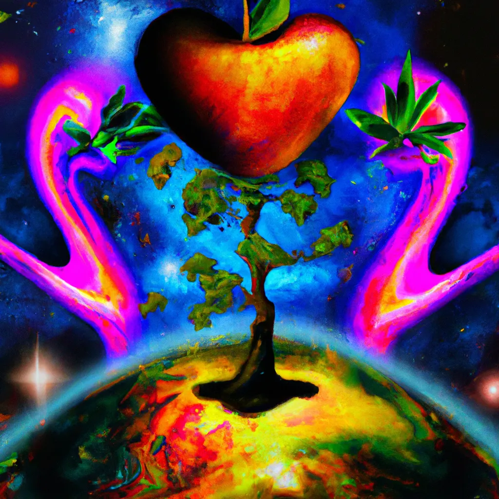 Prompt: Expressive surrealism digital art 

          Tree of love is growing on an apple planet in space 

          