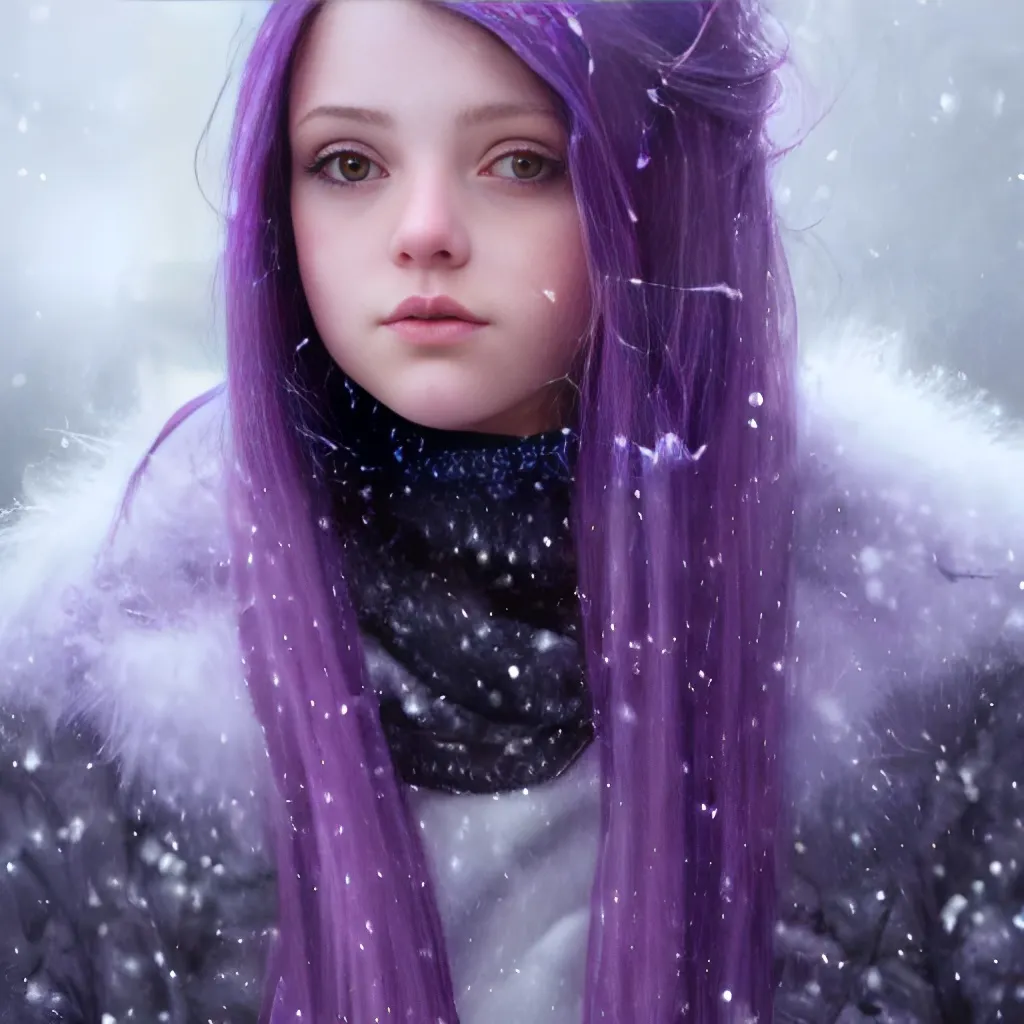 Prompt: Portrait of {girl} with {purple} hair and with cute face, {snowy vibe}, perfect composition, hyperrealistic, super detailed, 8k, high quality, trending art, trending on artstation, sharp focus, studio photo, intricate details, highly detailed, by greg rutkowski