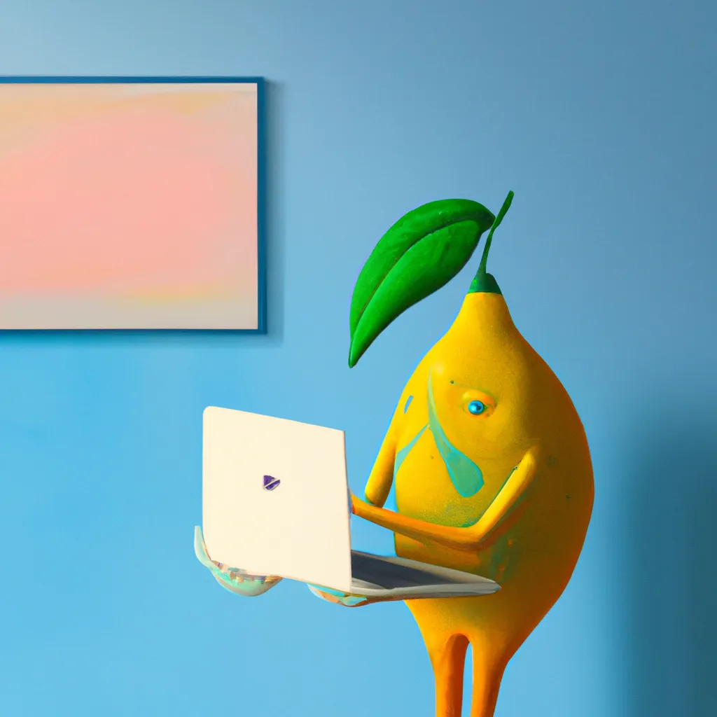 Prompt: An intelligent lemon sits at a laptop, creating an image of a lemon. Textless. Behind the lemon on the wall are colourful beautiful paintings. Cinematic. Trending on ArtStation. Beautiful detailed painting. Textless. 