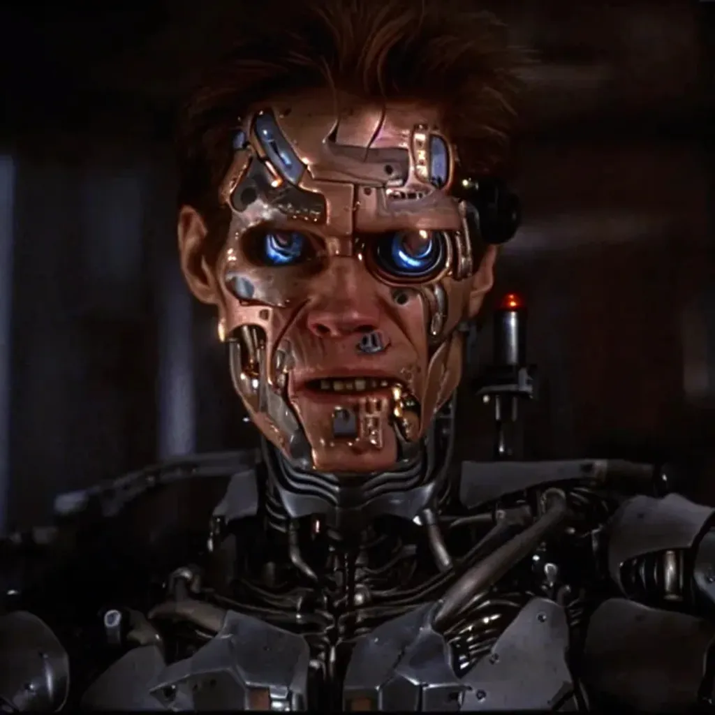 Prompt: Movie screenshot of Willem Dafoe as a Cyborg, 2003