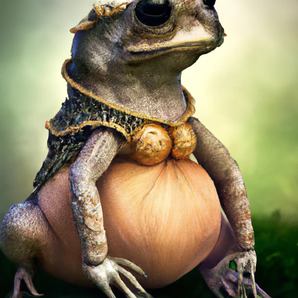 Prompt: A highly detailed, highly realistic photograph of a round frog wearing a dress, warm colors, digital art portrait