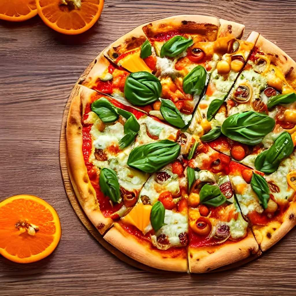 Prompt: Vegetarian pizza on a wooden plate with fresh orange juice, photorealistic 8k, hyper detailed, macro shot