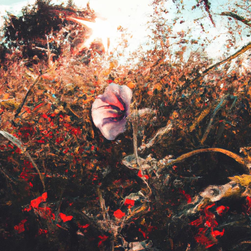 Prompt: A red flower in a field with blue flowers, Bokeh, Golden Hour, Camcorder Effect, Ultra-Wide Angle, Lens Flare, Colorful, Light Mode, Excited