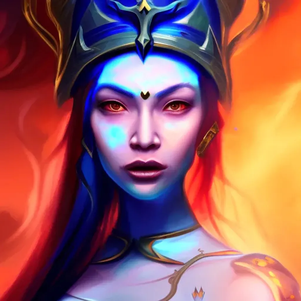 Prompt: a close up of a portrait sad queen in war, concept art, inspired by Yang Jin, fantasy art, glowing aura, the god of poseidon, hearthstone concept art, fantasy painterly style, magic rune, painted with a thick brush, lina, fantasy character photo, digital art, concept art, by Aleksi Briclot, antipodeans, protogen, league of legends arcane