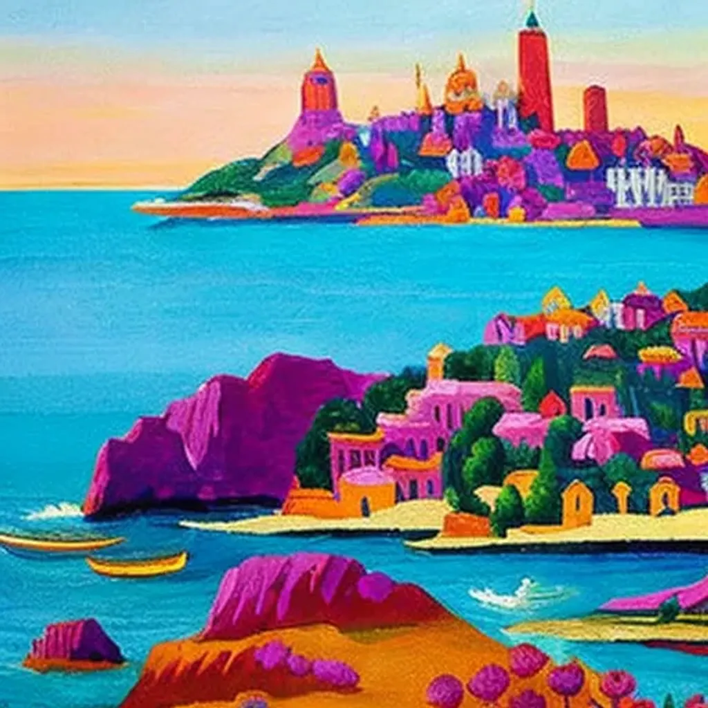 Prompt: city on a rock in the ocean, Fauvism art, Rococo  art