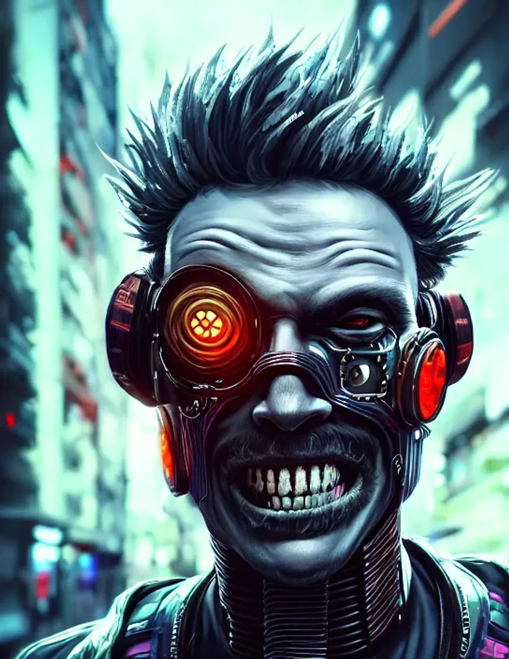 Prompt: Extremely detailed portrait of ugly cyberpunk mad man with random hair with sadistic smile, extremely detailed cyberpunk street background , hyperrealistic , 8k, high quality, concept art, trending on artstation, sharp focus, studio photo, intricate details, hyper detailed