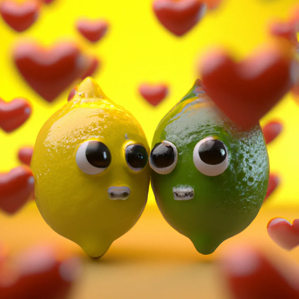 Prompt: Lemons in love, close-up, very cute, emoji, multicolored, Unreal Engine 3D render, trending on ArtStation, realistic materials