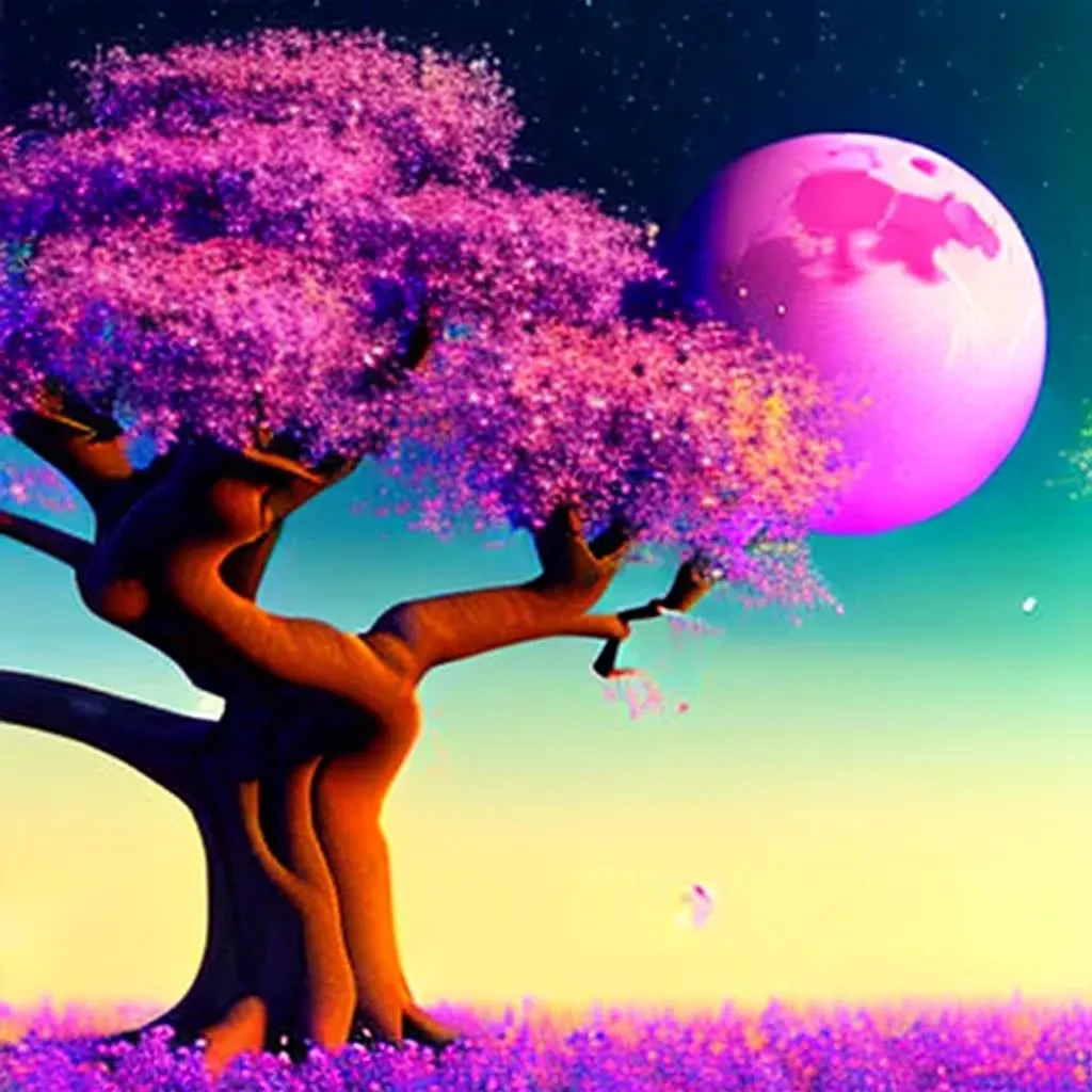 Prompt: a Violet tree sitting on top of a lush violet field, an epic digital painting, inspired by Paul Lehr, polycount, space art, giant pink full moon, violet and teal sunset, planets and a supermoon in the sky, 4 k detail fantasy, stars in the distance, in volumetric soft glowing mist, big pink sphere high in the sky, serene illustration