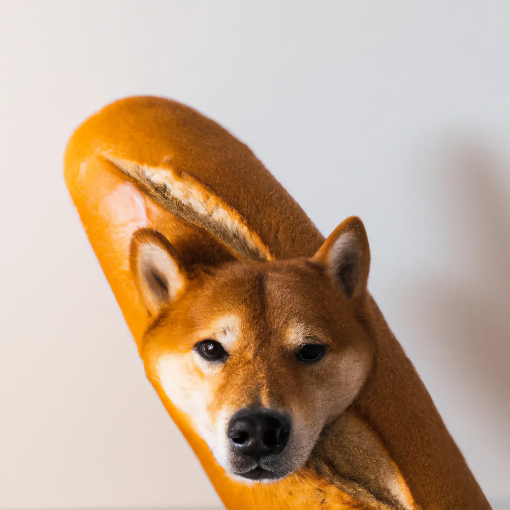 Prompt: baguette with a shiba inu dog head at the end