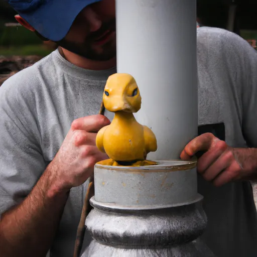 Prompt: A photo of one construction worker building a statue of the Aflac duck holding a sword