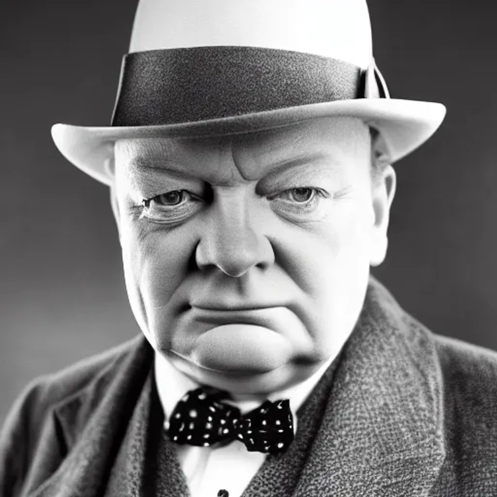 Prompt: photo realistic portrait of Winston Churchill , centered in frame, facing camera, symmetrical face, ideal human, 85mm lens,f8, photography, ultra details, natural light, light background, photo, Studio lighting