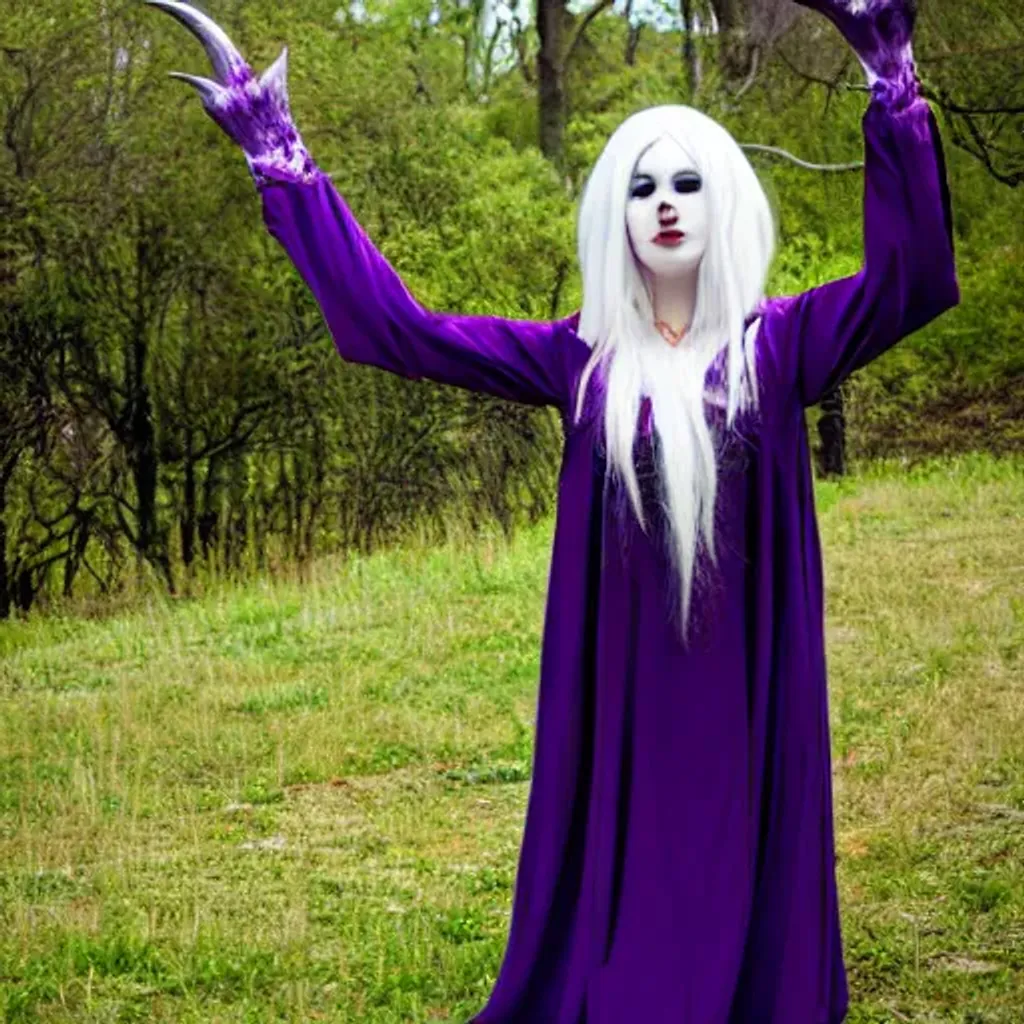 Prompt: A witch with long purple dress, white hair, neotenic eyes, invocation, sign of the horns, cosplay 