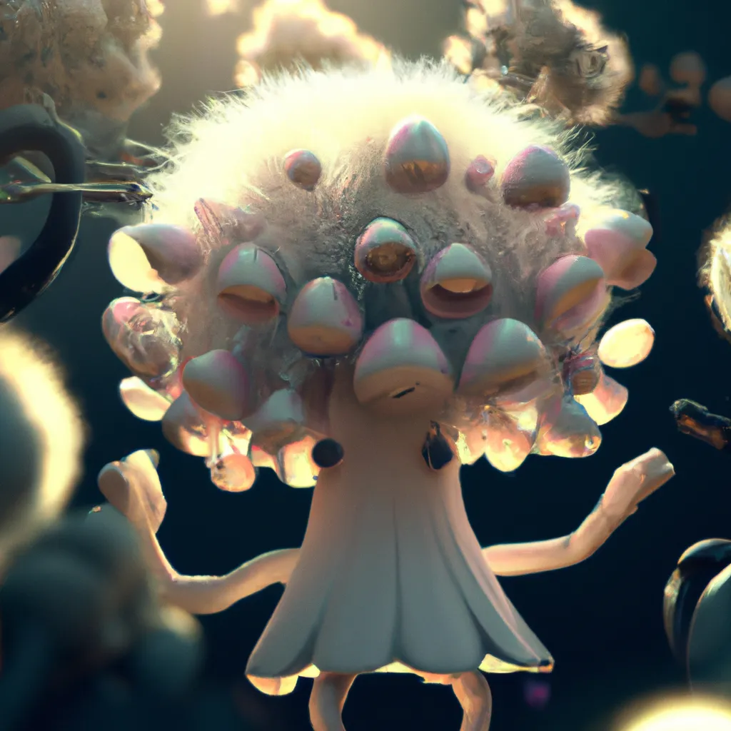 Prompt: Curvaceous Light bending cute monster alien covered in halogenic Nuclear flowers in the style of Bruce Pennington, Dali, Munch, Escher, Klarwein, Yamamoto, Hattori, Leyendecker, Mullins, Magritte | mushroom | muted desaturated tones | dark background | ultra sharp focus | 3d octane render artstation trending 8k unreal engine | Avatar movie| Disney Pixar Dreamworks 